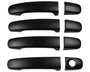 Black car door handle covers are arranged in pairs on a plain white background. Each pair includes a long handle and a shorter round cover with a keyhole cutout on one.