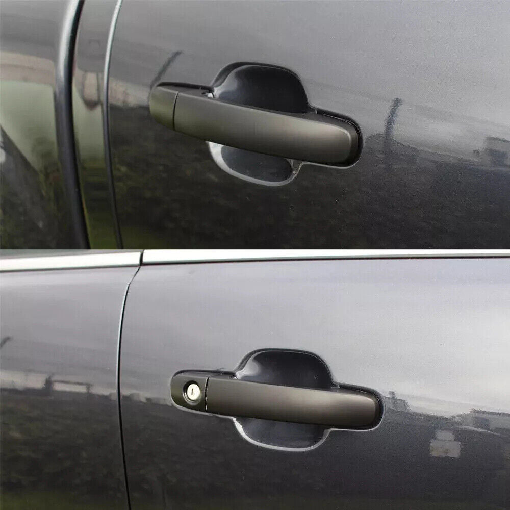 Top: A car door handle on a dark-colored vehicle lacks a keyhole. Bottom: Identical handle, same color, includes a visible keyhole. Both are in an outdoor setting.
