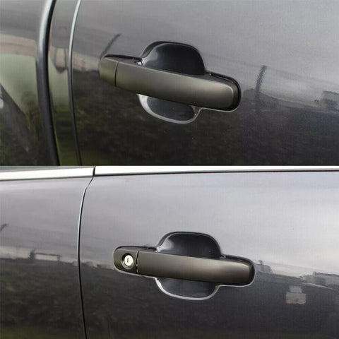 Top: A car door handle on a dark-colored vehicle lacks a keyhole. Bottom: Identical handle, same color, includes a visible keyhole. Both are in an outdoor setting.