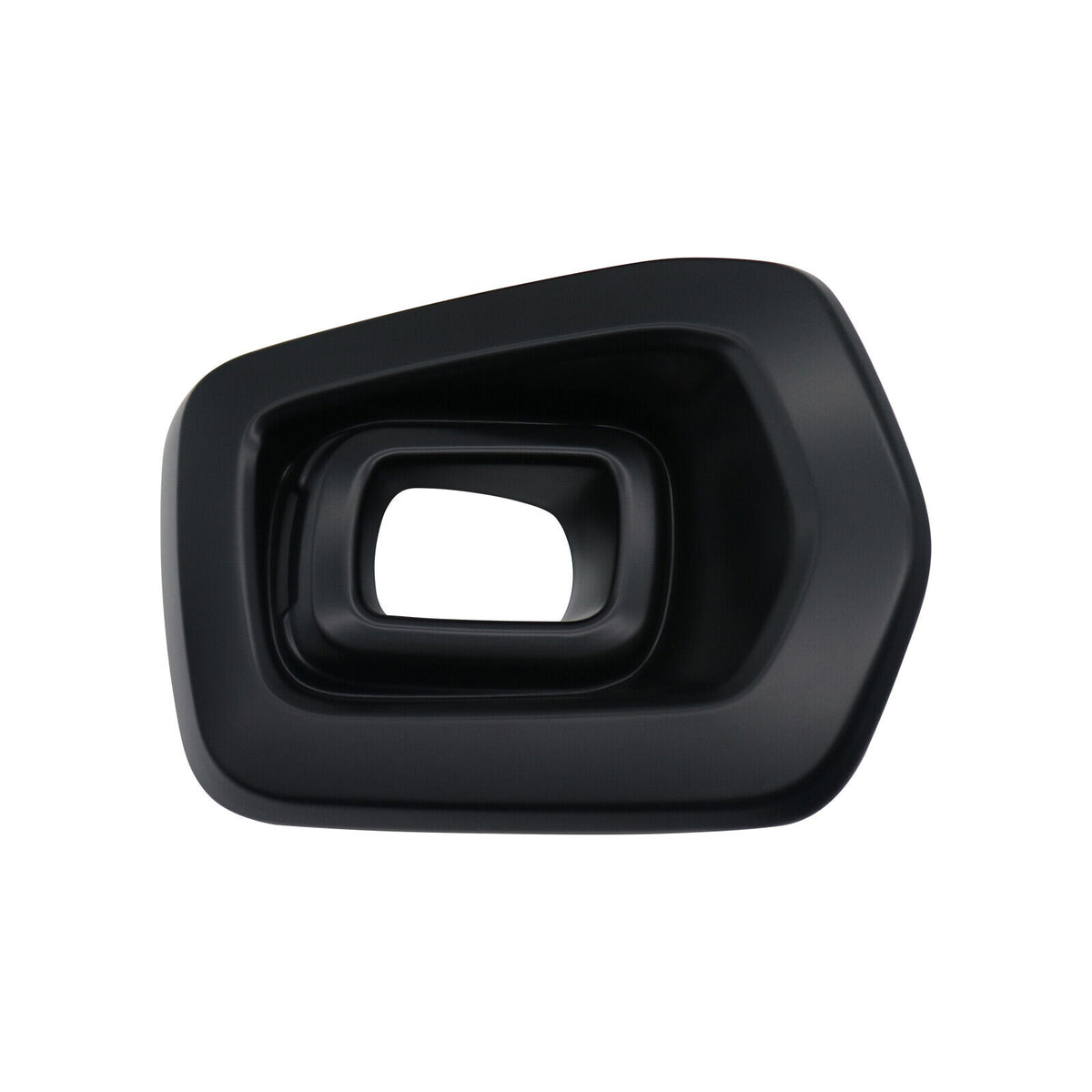 A black, geometrically shaped plastic object with layered, beveled edges, sits isolated against a plain white background. The object has a central rectangular opening.