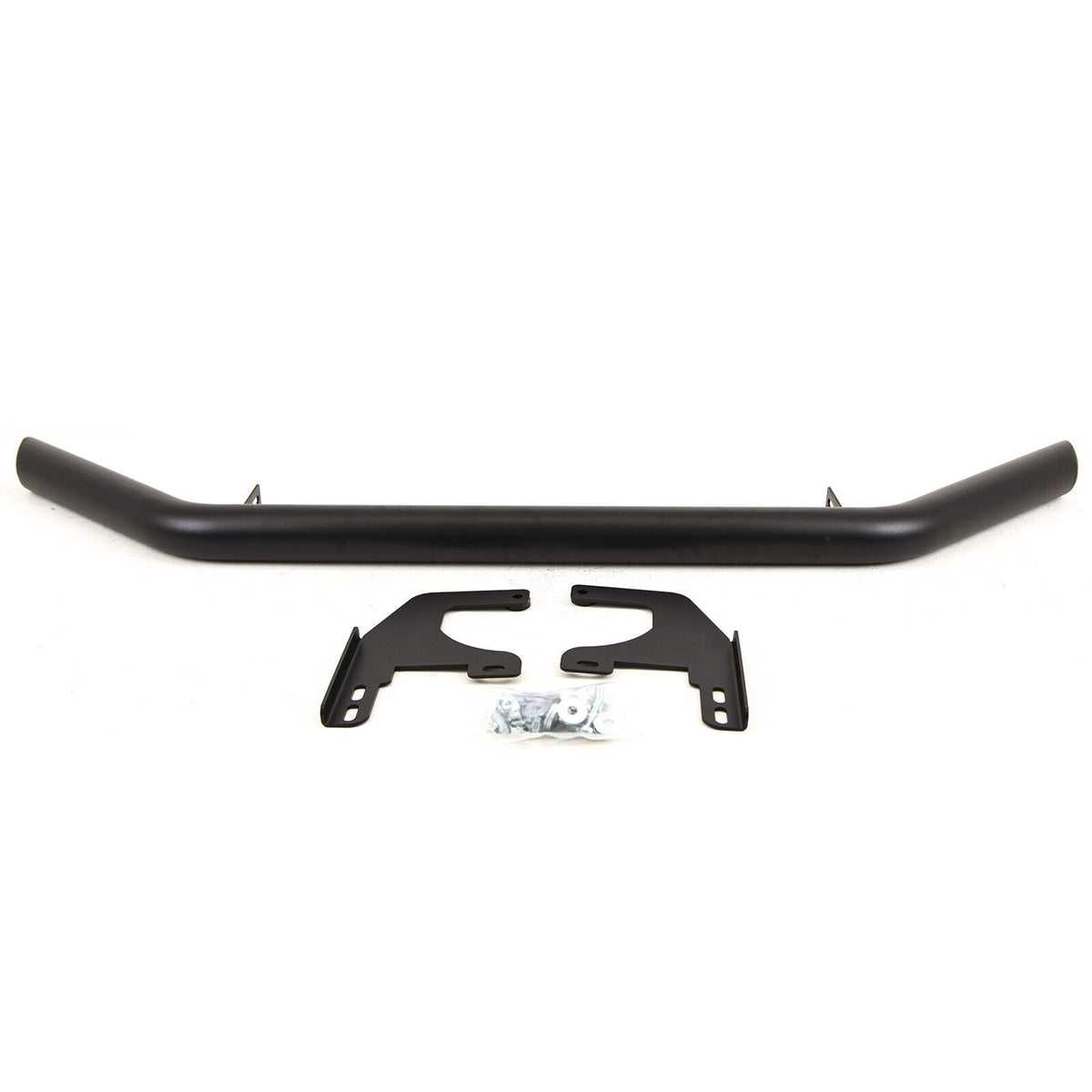 A black, tubular steel bar lies horizontally, accompanied by two mounting brackets and a small bag of screws, set against a plain white background.