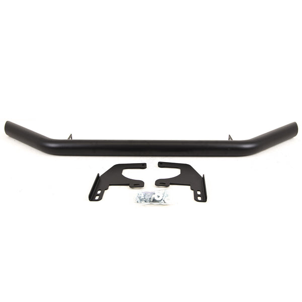 A black, tubular steel bar lies horizontally, accompanied by two mounting brackets and a small bag of screws, set against a plain white background.