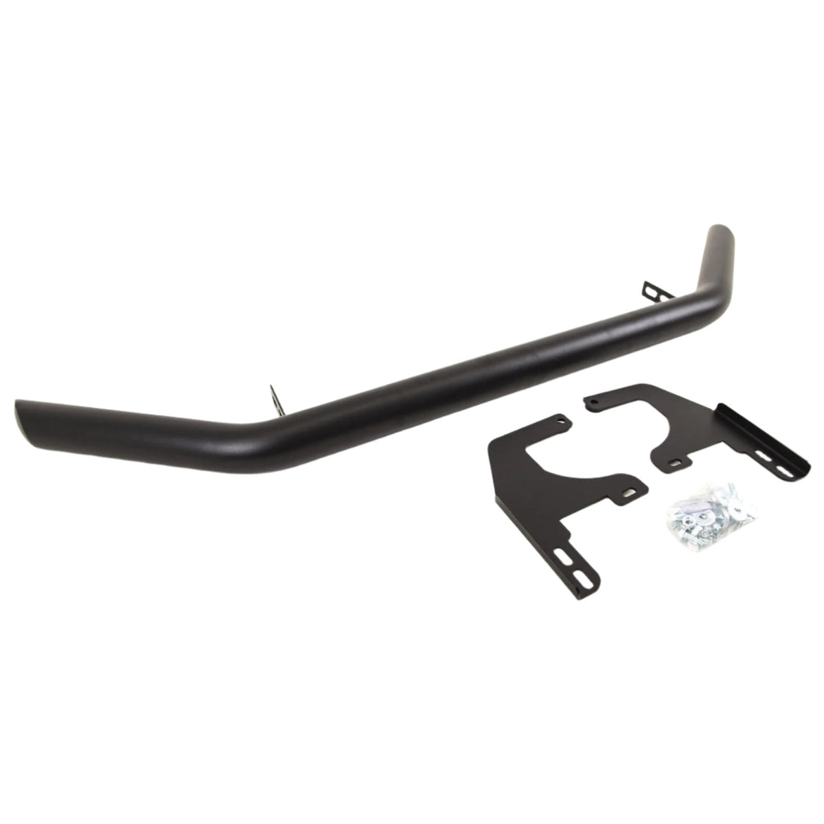A black bull bar with curved ends lies next to two mounting brackets and a small bag of screws, set against a plain white background.