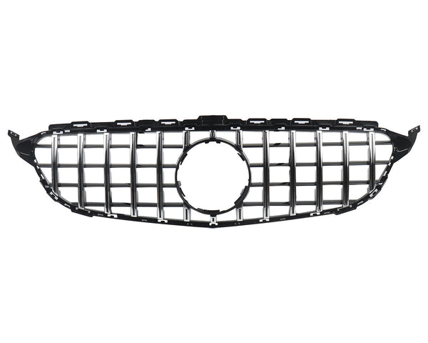 A black and silver car grille features vertical slats with a circular emblem cutout in the center, set against a plain white background.