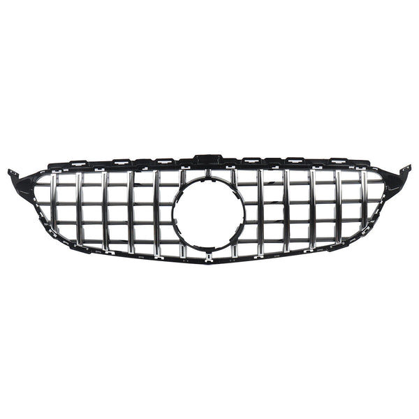 A black and silver car grille features vertical slats with a circular emblem cutout in the center, set against a plain white background.