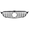 A black and silver car grille features vertical slats with a circular emblem cutout in the center, set against a plain white background.