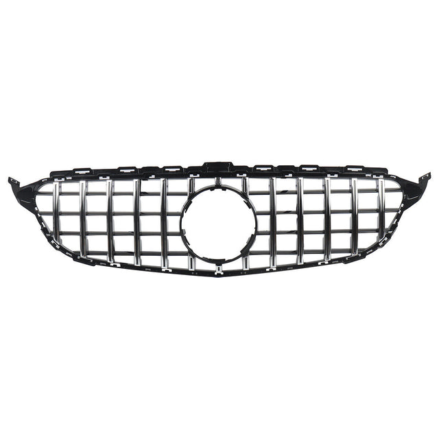 A black and silver car grille features vertical slats with a circular emblem cutout in the center, set against a plain white background.