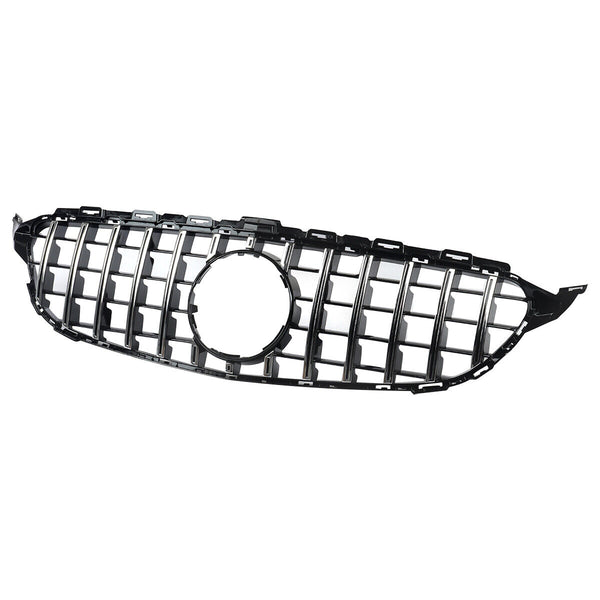 A glossy black car grille features vertical slats and a central circular opening. The grille is isolated on a plain white background.