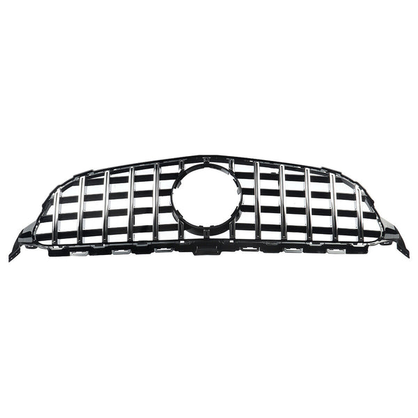 A black car grille with vertical slats and a circular emblem space is laid against a plain white background, highlighting its glossy finish and design details.