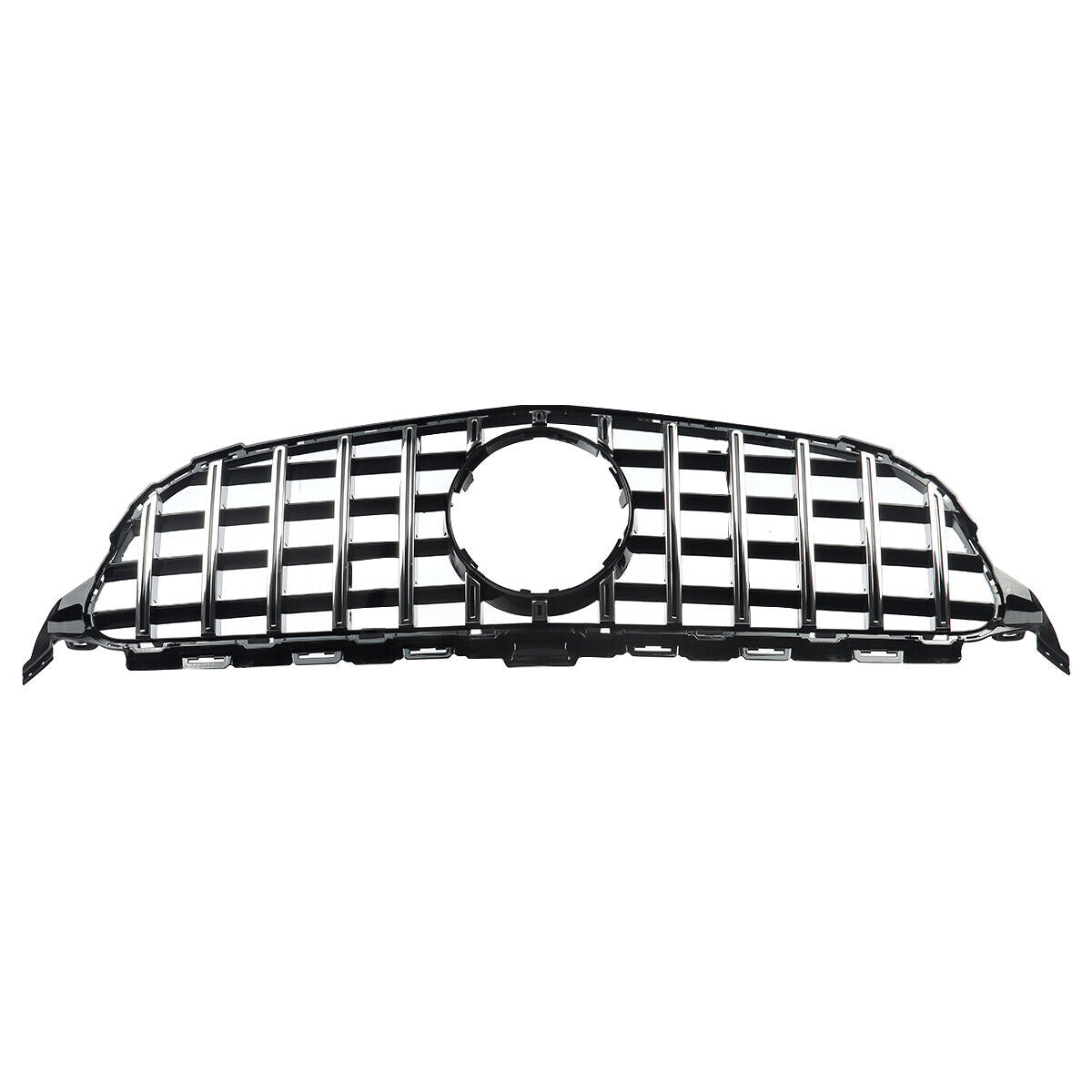 A black car grille with vertical slats and a circular emblem space is laid against a plain white background, highlighting its glossy finish and design details.