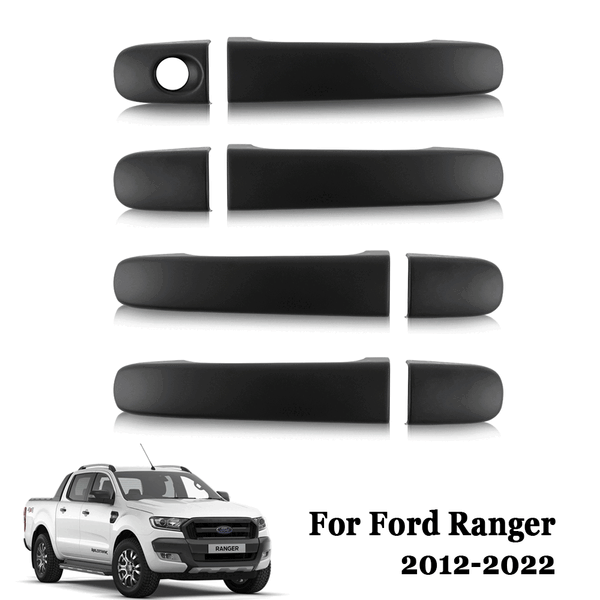 Black door handle covers are displayed in a row, designed for a Ford Ranger. Below, a white Ford Ranger truck is shown. Text reads, "For Ford Ranger 2012-2022."