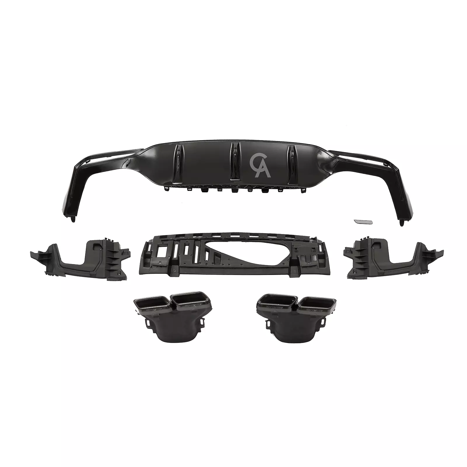 Car components are arranged on a white background. A main black bumper with vents and a "CA" logo is centrally positioned, surrounded by mounting brackets and two exhaust tips.