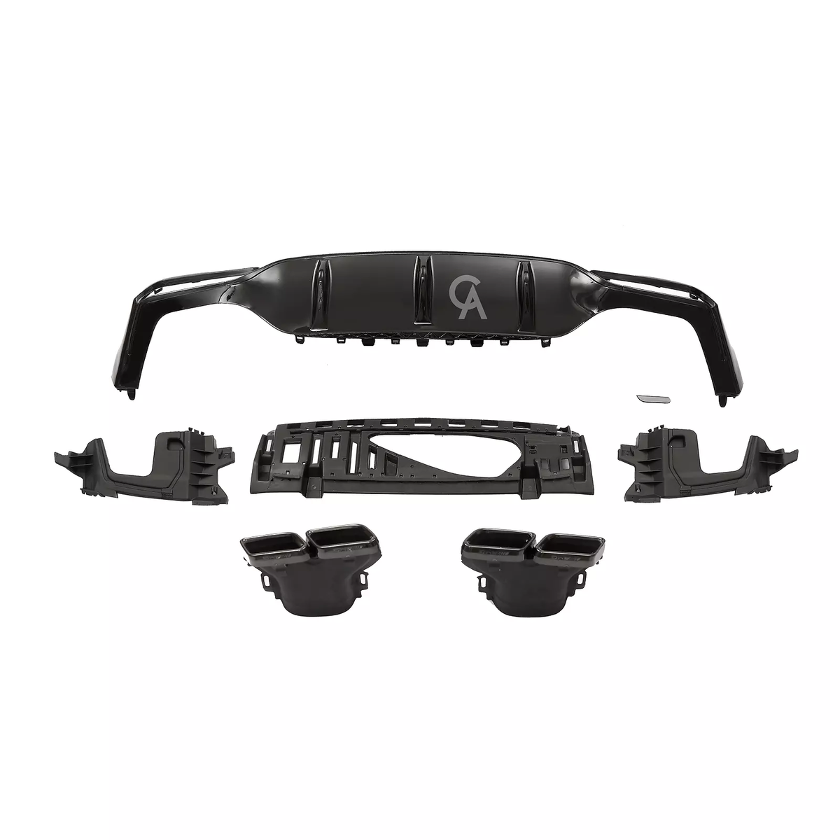Car components are arranged on a white background. A main black bumper with vents and a "CA" logo is centrally positioned, surrounded by mounting brackets and two exhaust tips.