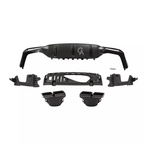 Car components are arranged on a white background. A main black bumper with vents and a "CA" logo is centrally positioned, surrounded by mounting brackets and two exhaust tips.