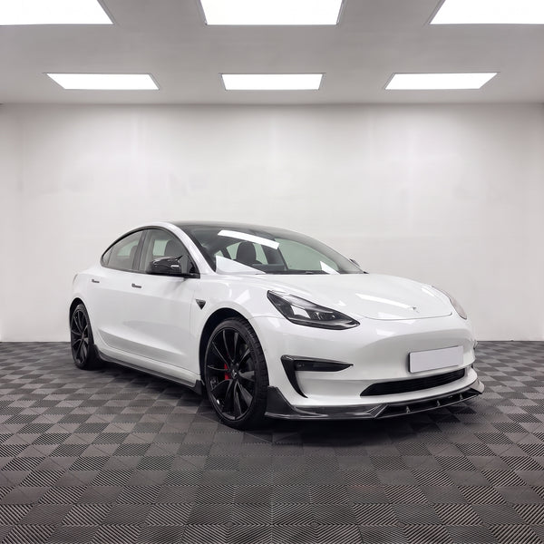 Carbon Fibre Look M Style Wing Mirror Covers fitted to a white Tesla Model 3 | Carbon Accents