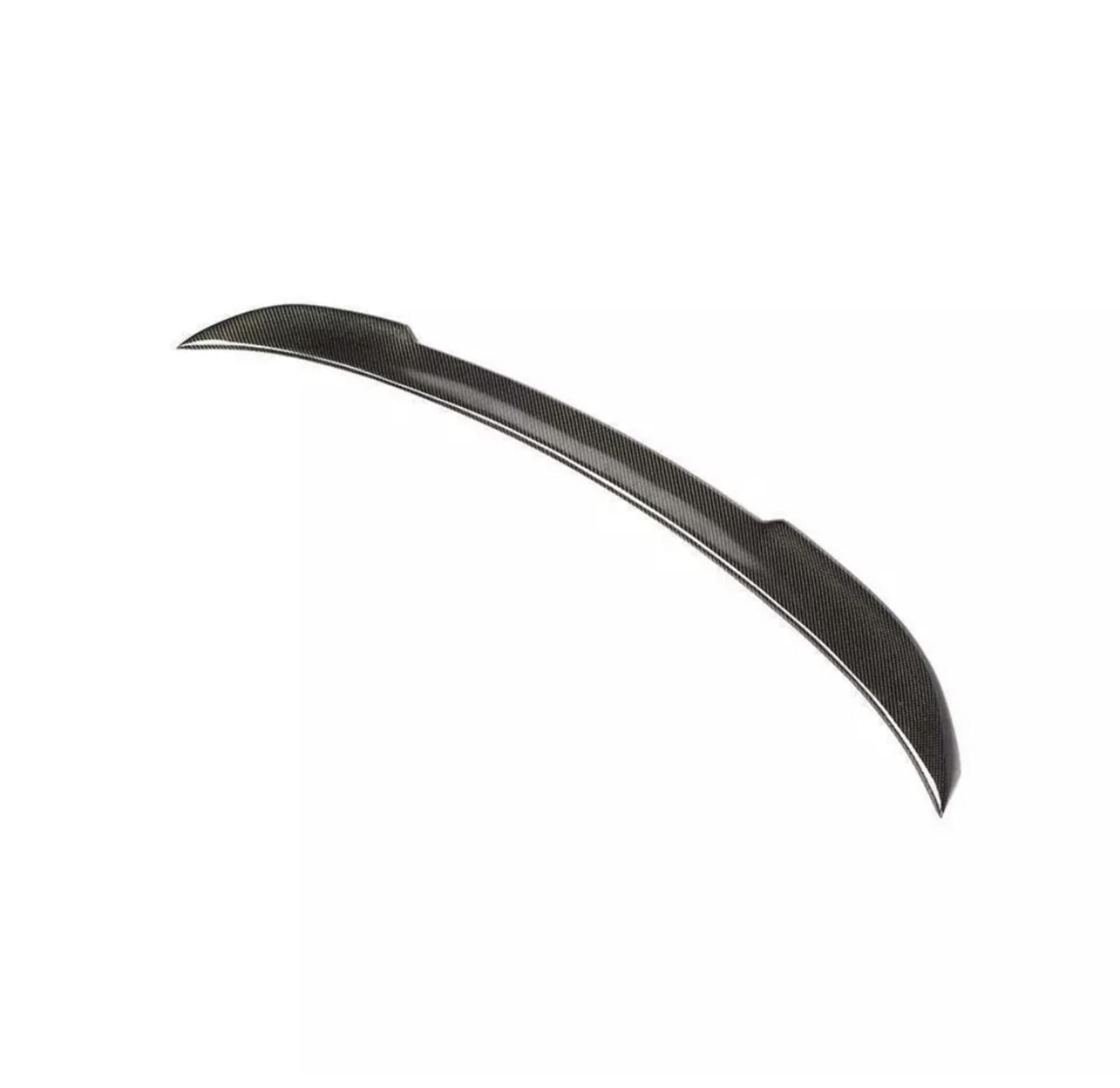 A black carbon fiber car spoiler, featuring a streamlined and curved design, rests against a plain white background, providing aerodynamic enhancement.