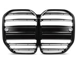 A pair of glossy, black car grilles with horizontal slats and circular elements on either side, displayed against a plain white background.