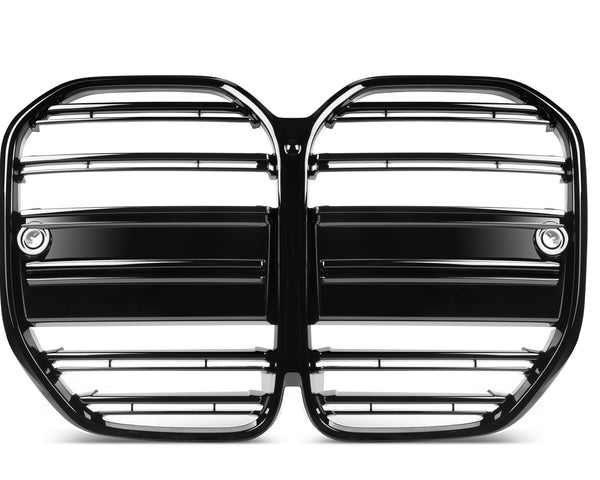 A pair of glossy, black car grilles with horizontal slats and circular elements on either side, displayed against a plain white background.