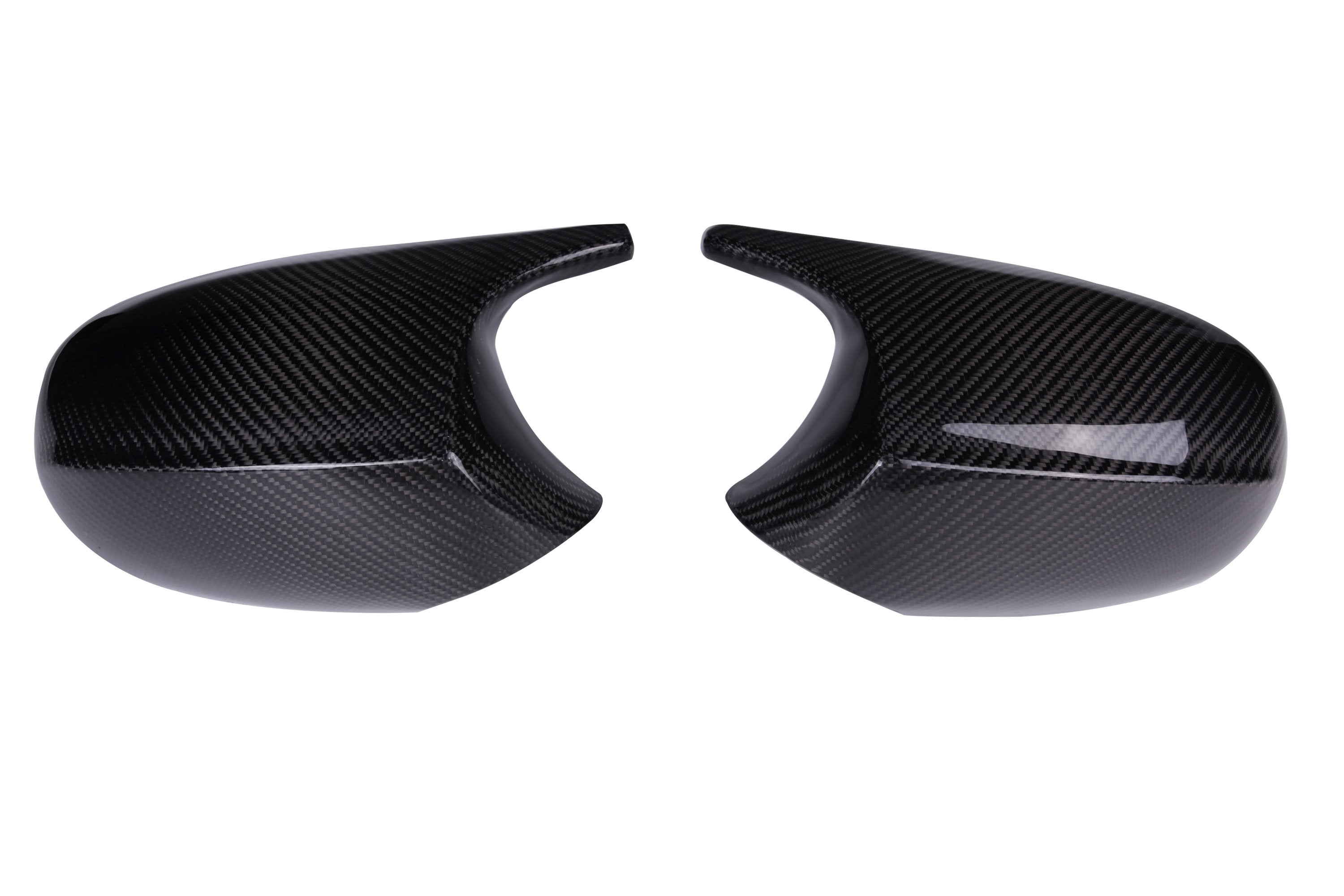 Two black carbon fiber car mirror covers are placed side by side on a plain white background, showcasing a glossy finish and a textured pattern.