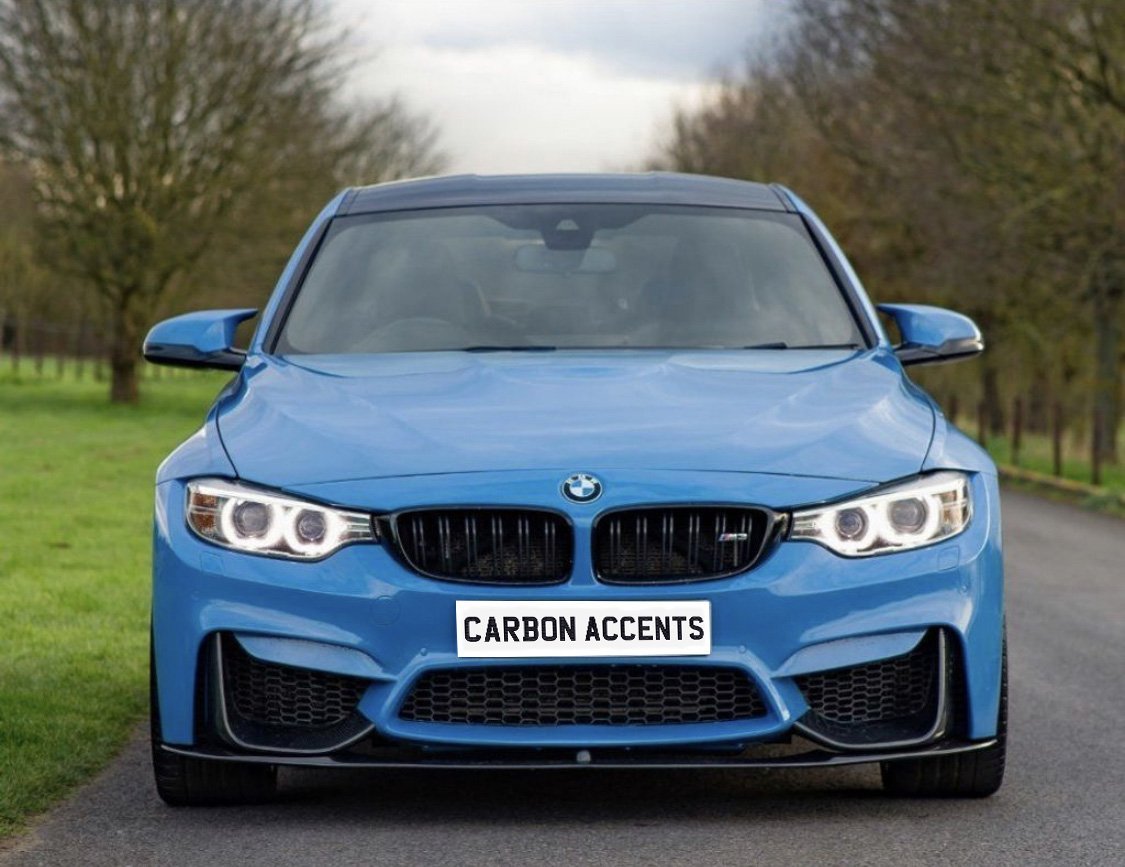 A blue car is parked on a rural road, with trees lining the background. The front license plate reads "CARBON ACCENTS." The car's headlights are illuminated.