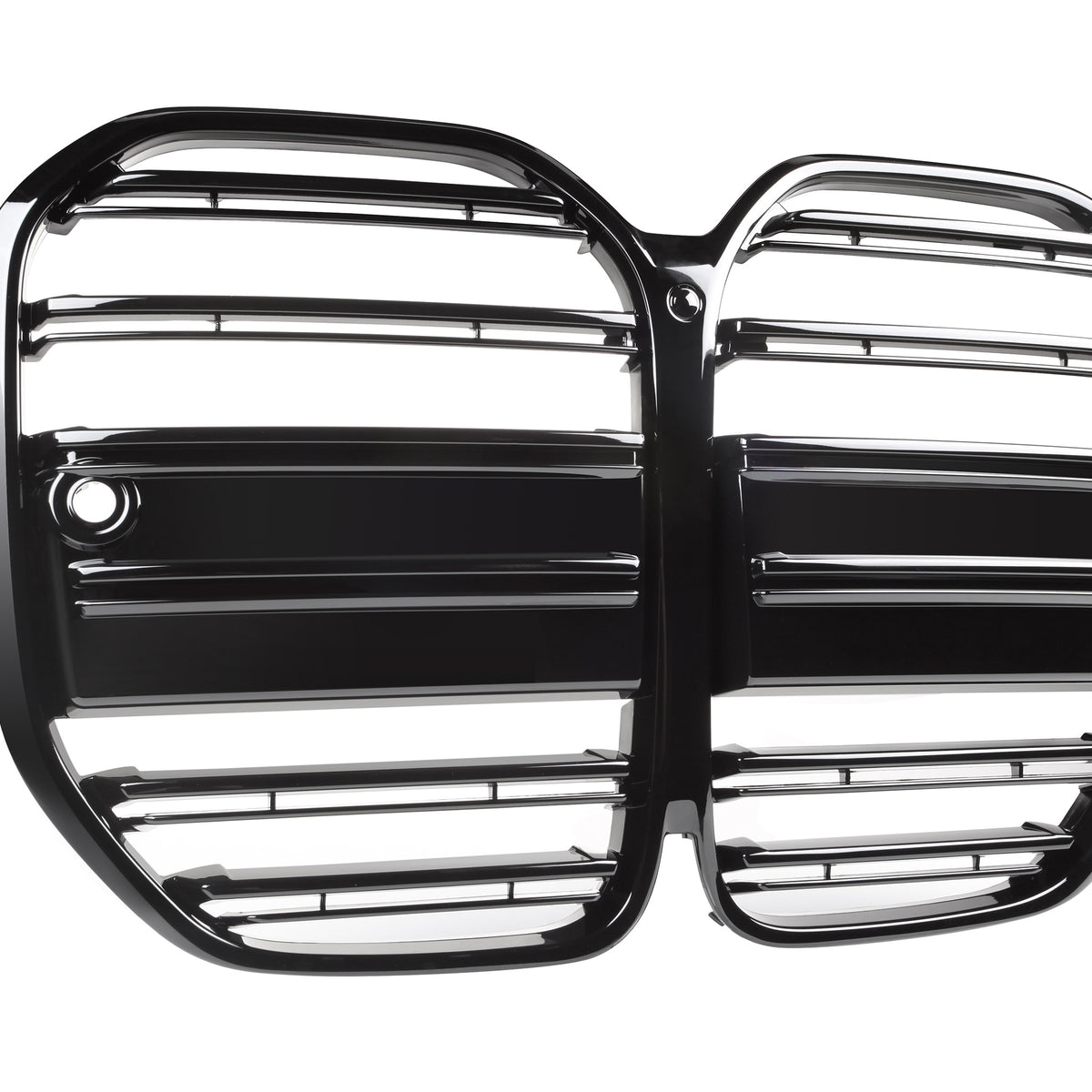 A black, double-sectioned vehicle grille with horizontal bars sits isolated against a white background, featuring a rounded rectangular shape and holes near the corners for mounting.