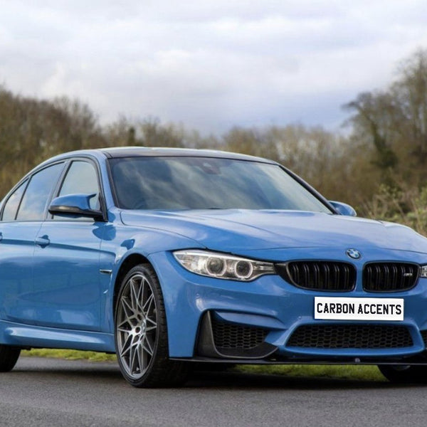 A blue sports car is parked on a road, displaying "CARBON ACCENTS" on the license plate. The background features a grassy area and leafless trees under a cloudy sky.
