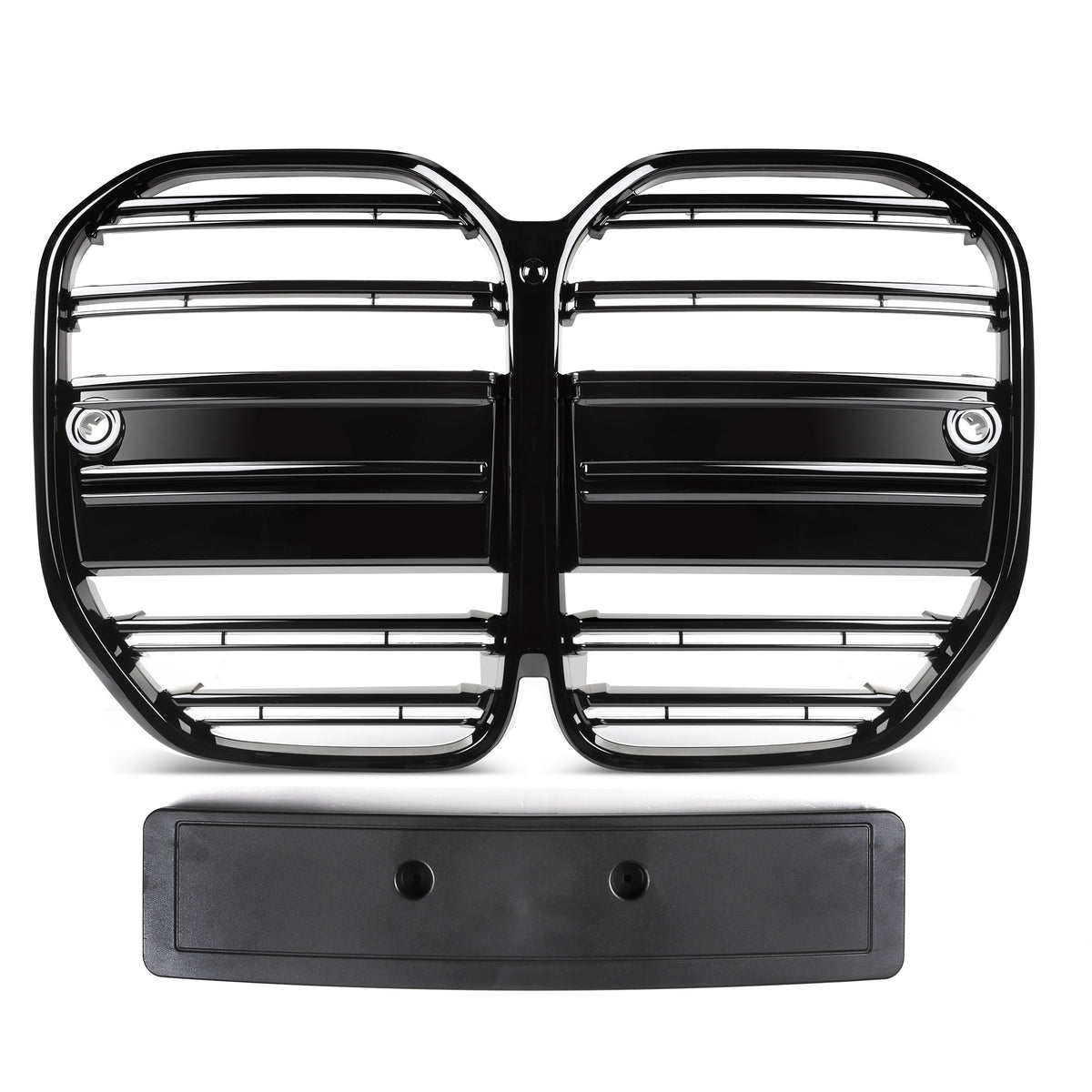 A black, dual-section car grille with horizontal bars sits on a white background, accompanied by a rectangular license plate holder directly below it.