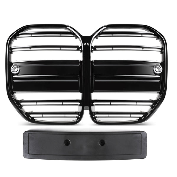 A black, dual-section car grille with horizontal bars sits on a white background, accompanied by a rectangular license plate holder directly below it.