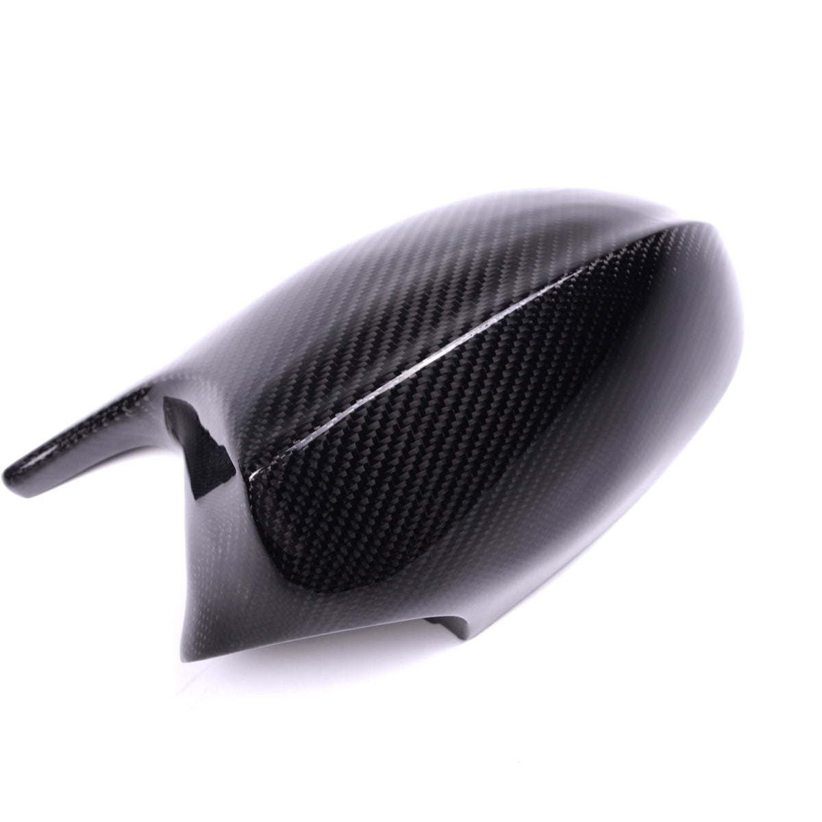 Carbon fiber car mirror cover, resting stationary, on a plain white background. The cover reflects light with a subtle pattern, indicating its sleek and lightweight design.