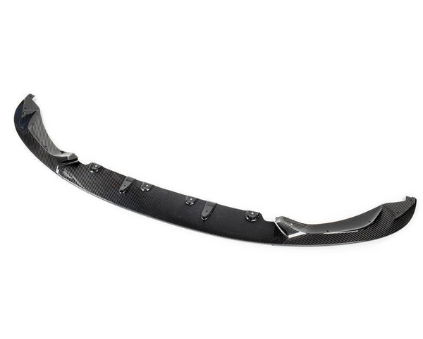 A curved, black carbon fiber car spoiler sits on a white background, featuring multiple mounting brackets, designed to enhance aerodynamic performance by redirecting airflow over the vehicle.