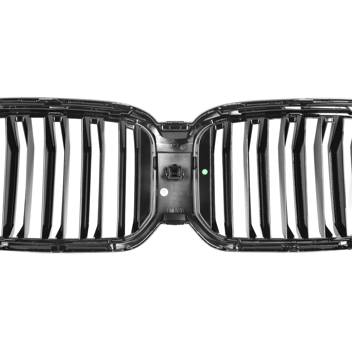 A dual-sectioned black car grille features vertical slats, symmetrically split at the center. It's isolated on a white background, highlighting its glossy finish.