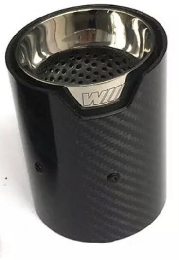 A cylindrical carbon-fiber car exhaust tip with a perforated metal interior. The exterior has a glossy finish, featuring the letters "WIN" engraved on a metallic section near the opening.