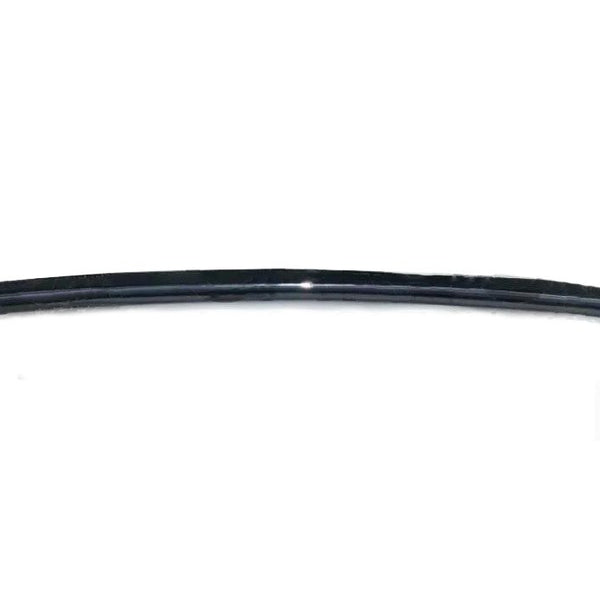 A black metallic car spoiler curves upward, flanked by two triangular end-pieces. It rests against a plain white background, casting faint shadows.