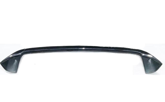 A black metallic car spoiler curves upward, flanked by two triangular end-pieces. It rests against a plain white background, casting faint shadows.