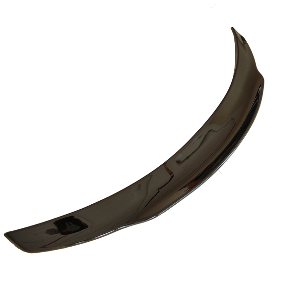 A glossy, curved car spoiler is positioned diagonally against a white background, with its surface reflecting surrounding details.