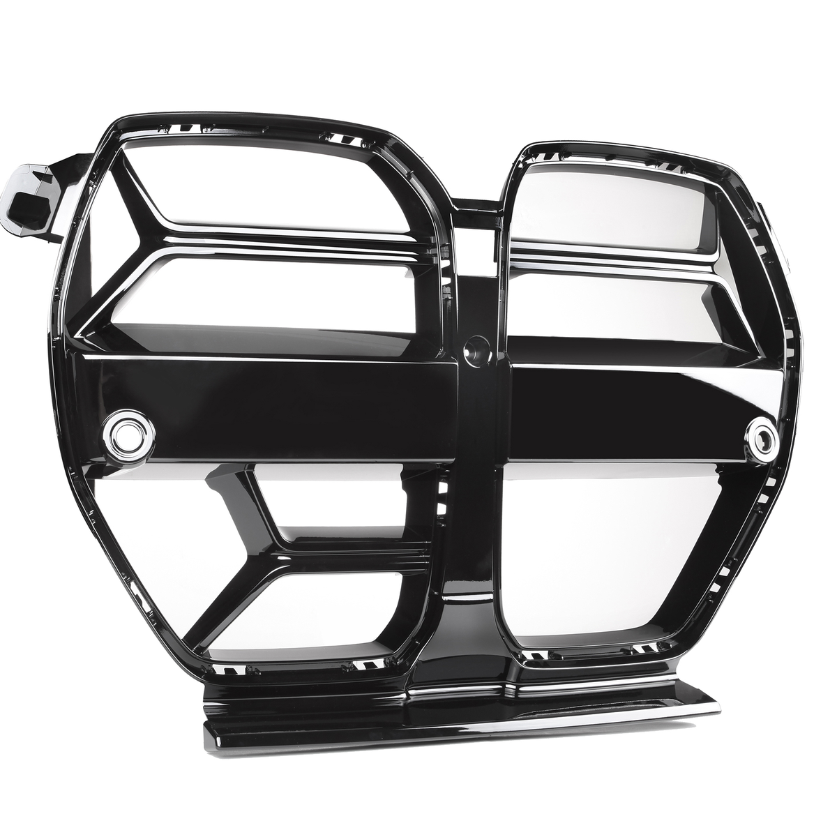 A sleek, black, geometric grille with reflective surfaces sits against a white background, showcasing a modern and futuristic design with angular shapes and metallic edges.