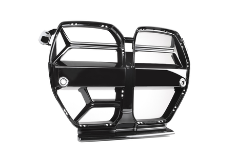 A sleek, black, geometric grille with reflective surfaces sits against a white background, showcasing a modern and futuristic design with angular shapes and metallic edges.