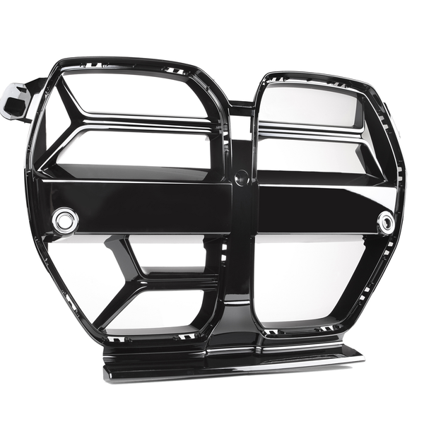 A glossy black metal grille features geometric, angular openings and bolt attachments, positioned against a white background, giving a sleek and modern appearance.