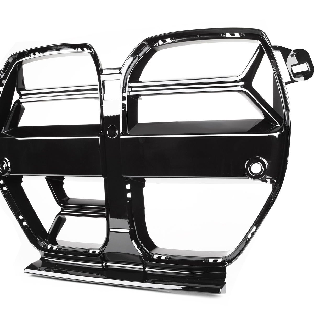 A glossy black car grille featuring a large, split design with multiple horizontal slats. It is isolated against a plain white background, emphasizing its sleek, modern structure.