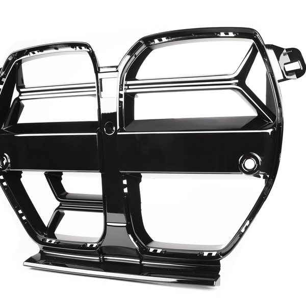 A glossy black car grille featuring a large, split design with multiple horizontal slats. It is isolated against a plain white background, emphasizing its sleek, modern structure.