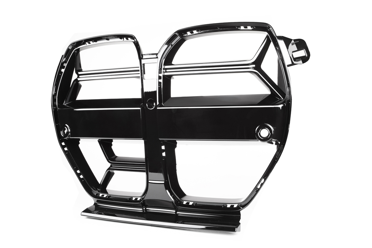 A glossy black car grille featuring a large, split design with multiple horizontal slats. It is isolated against a plain white background, emphasizing its sleek, modern structure.