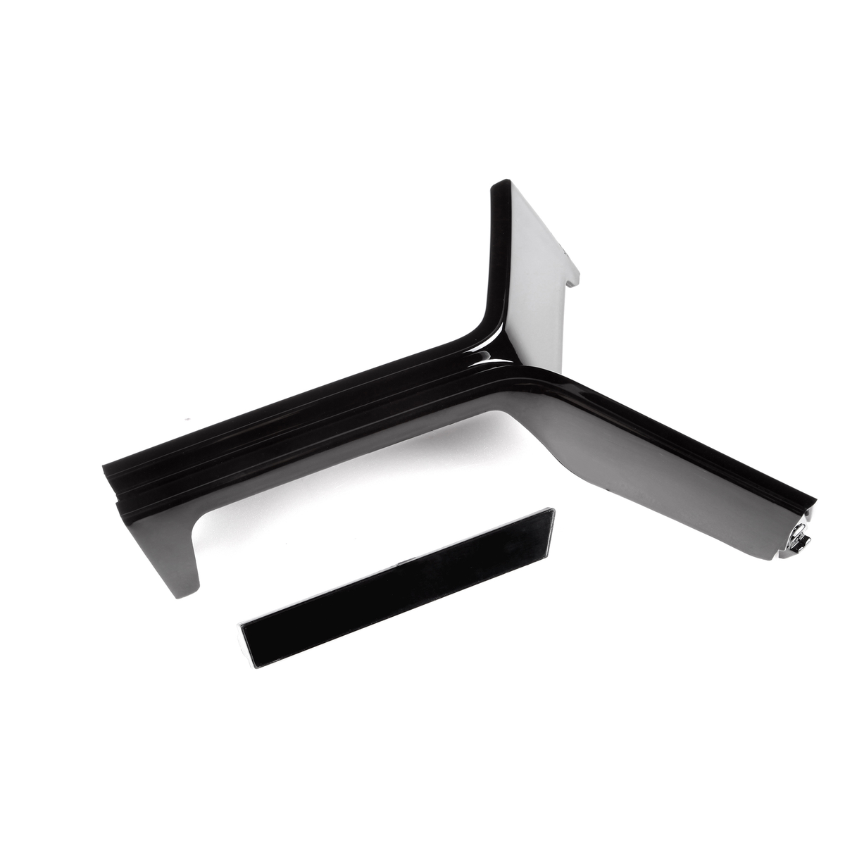 A black, L-shaped bracket with sleek edges and a separate, rectangular piece is positioned on a plain white background.