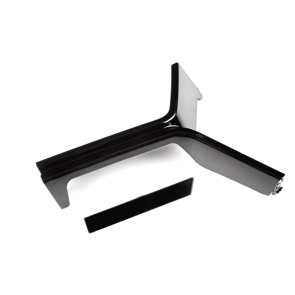 A black, L-shaped bracket with a sleek finish lies on a white surface. Nearby, a detached rectangular piece is positioned parallel to the bracket.