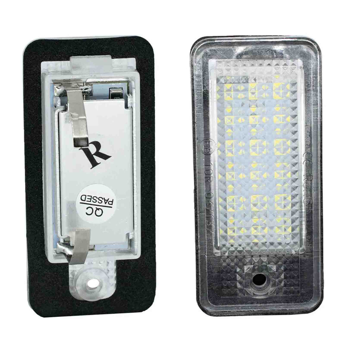LED light module shown front and back, one side displaying LED array under a textured cover, the other showing a circuit board with labels, "R" and "QC PASSED."