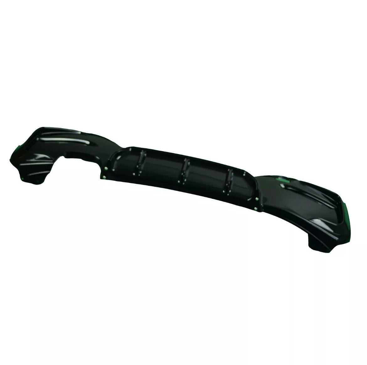 A glossy black car bumper diffuser with aerodynamic grooves, designed for rear vehicle installation, positioned against a plain white background.