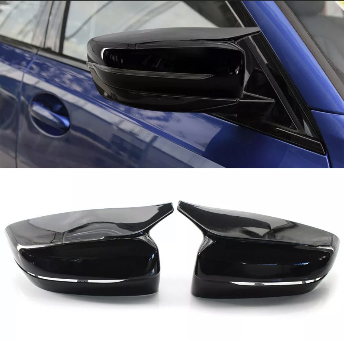 Car side mirror, sleek black design, attached to a blue vehicle. Below, two detached mirror covers on a white surface, emphasizing their glossy finish and aerodynamic shape.
