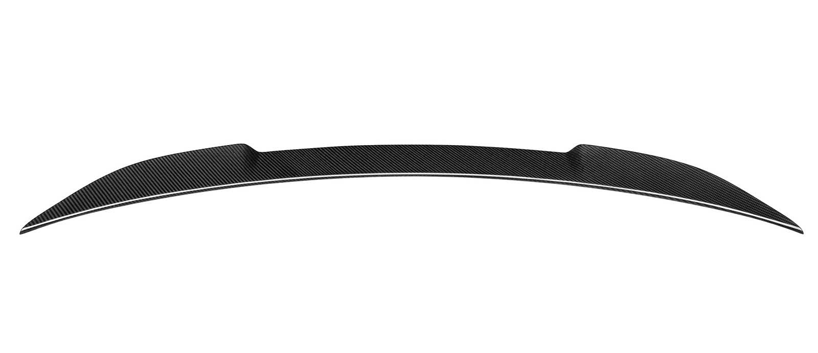 A curved carbon fiber car spoiler, positioned horizontally with tapered ends, displayed against a plain white background.
