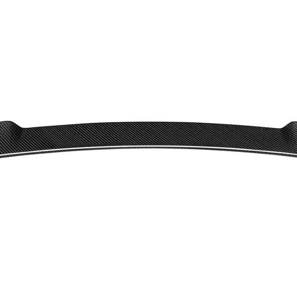A curved carbon fiber car spoiler, positioned horizontally with tapered ends, displayed against a plain white background.