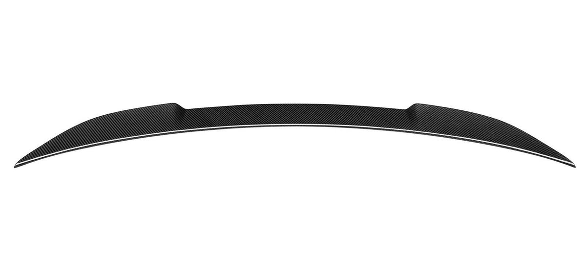A curved carbon fiber car spoiler, positioned horizontally with tapered ends, displayed against a plain white background.