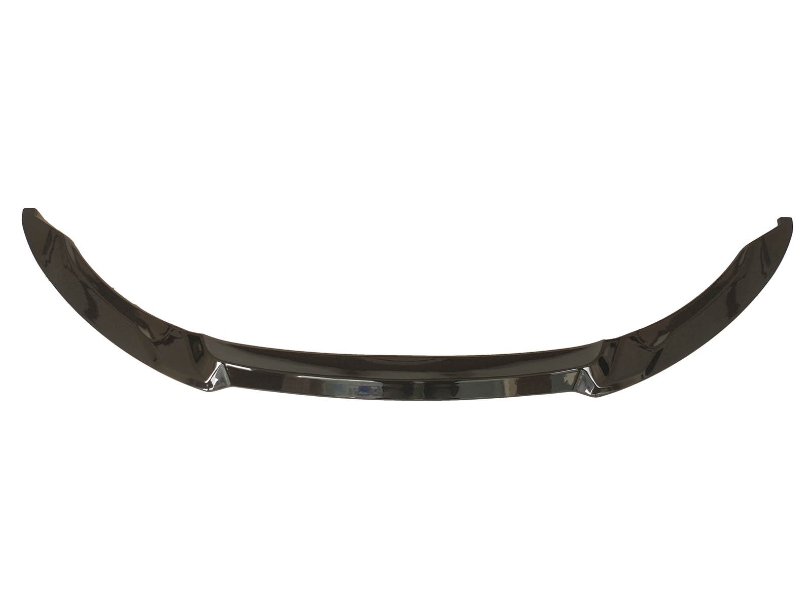A sleek, curved car bumper lip, resting against a white background, featuring a glossy black finish.